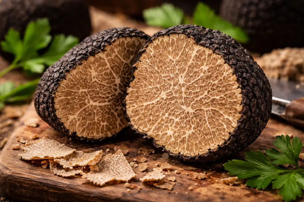 Tavolo di legno pieno di tartufi neri estivi